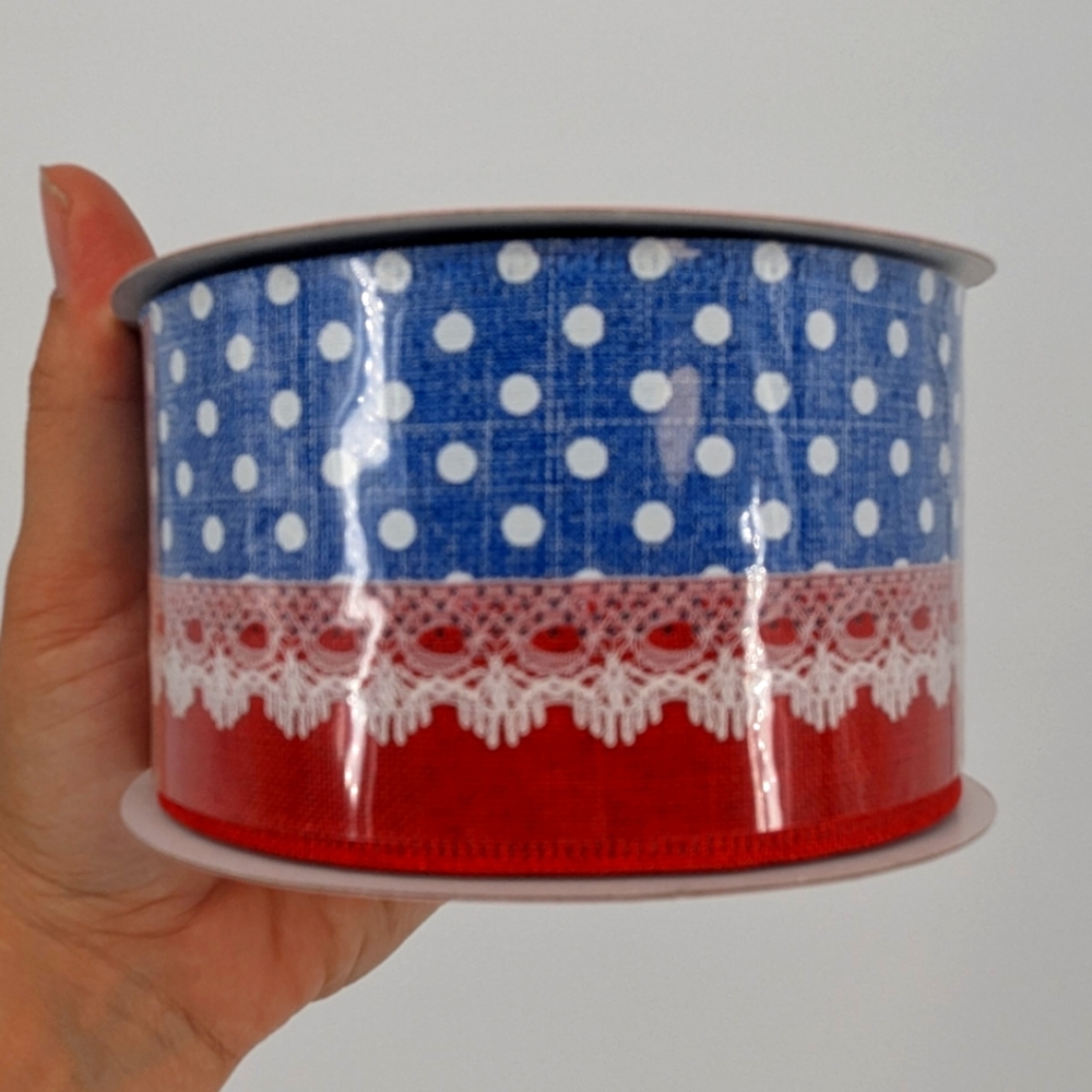Red Blue White Dots Lace Linen Party Decorations Ribbon 2.5" Wired 4th July 🎆